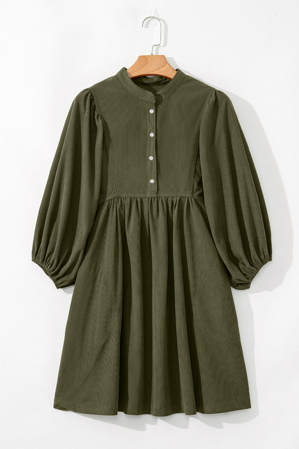 Corduroy Snap Buttons Empire Waist Bracelet Sleeve Dress | Vineyard Green