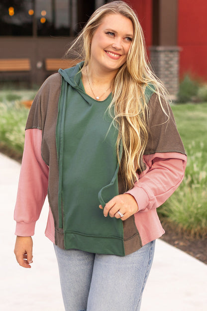 Plus Size Colourblock Patchwork V Neck Hoodie | Breen