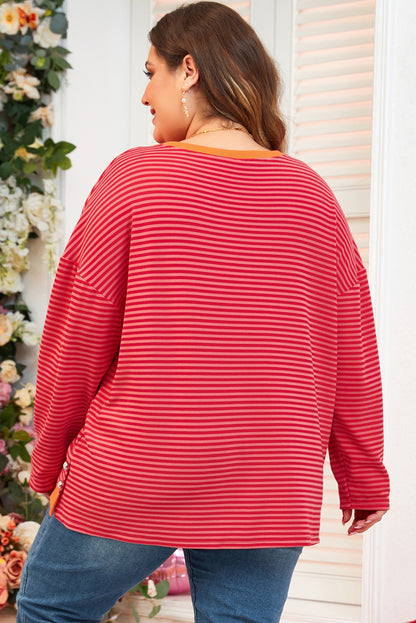 Plus Size Drop Shoulder Long Sleeve Buttoned Decor Top | Orange Stripe