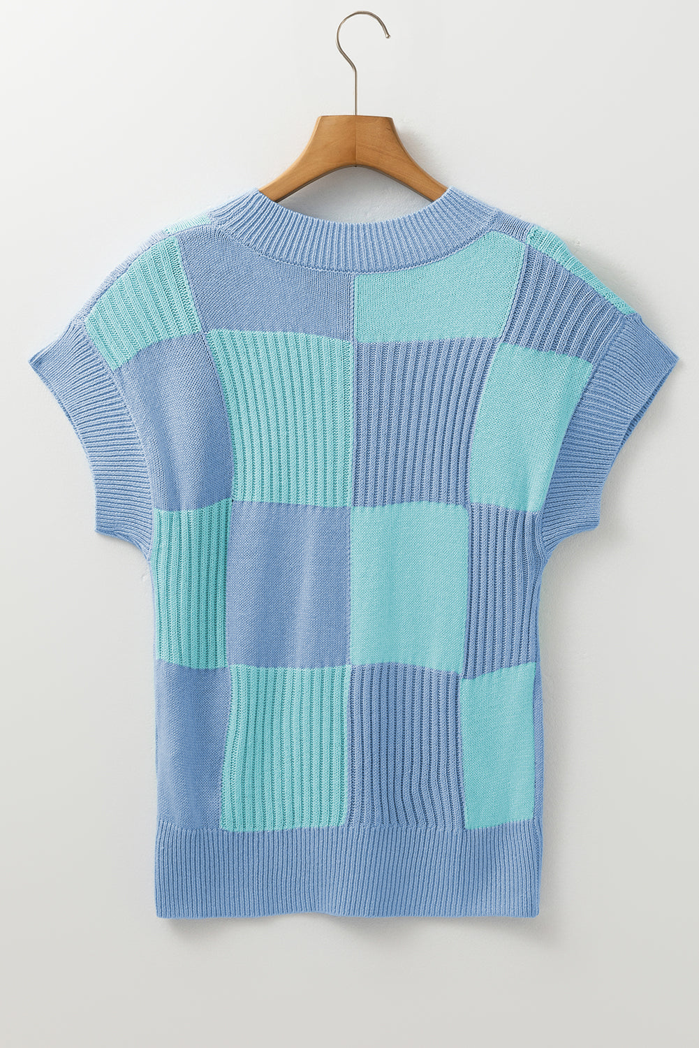 Checkered Colour Block Crew Neck Short Sleeve Sweater | Light Blue