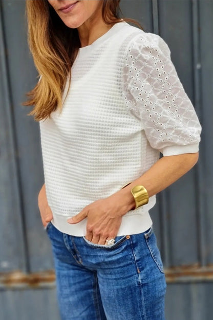 Broderie Anglaise Puff Sleeve Waffle Knit Tee | White