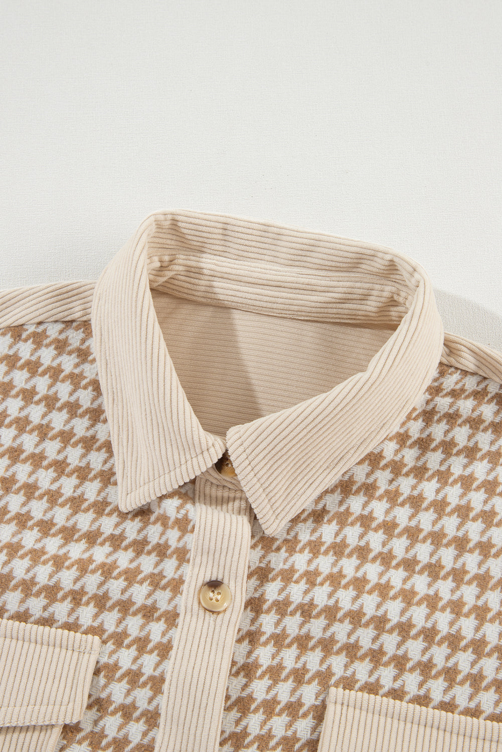 Houndstooth Corduroy Patchwork Flap Pocket Shacket | Parchment