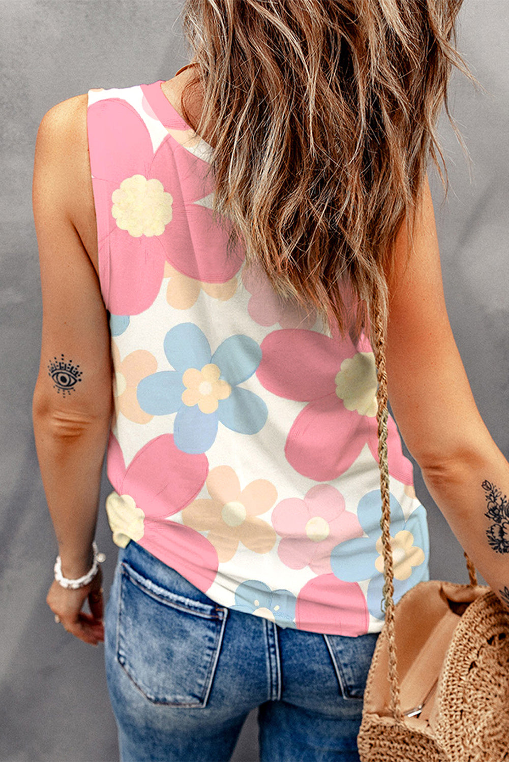 Floral Print Round Neck Sleeveless Top | Pink