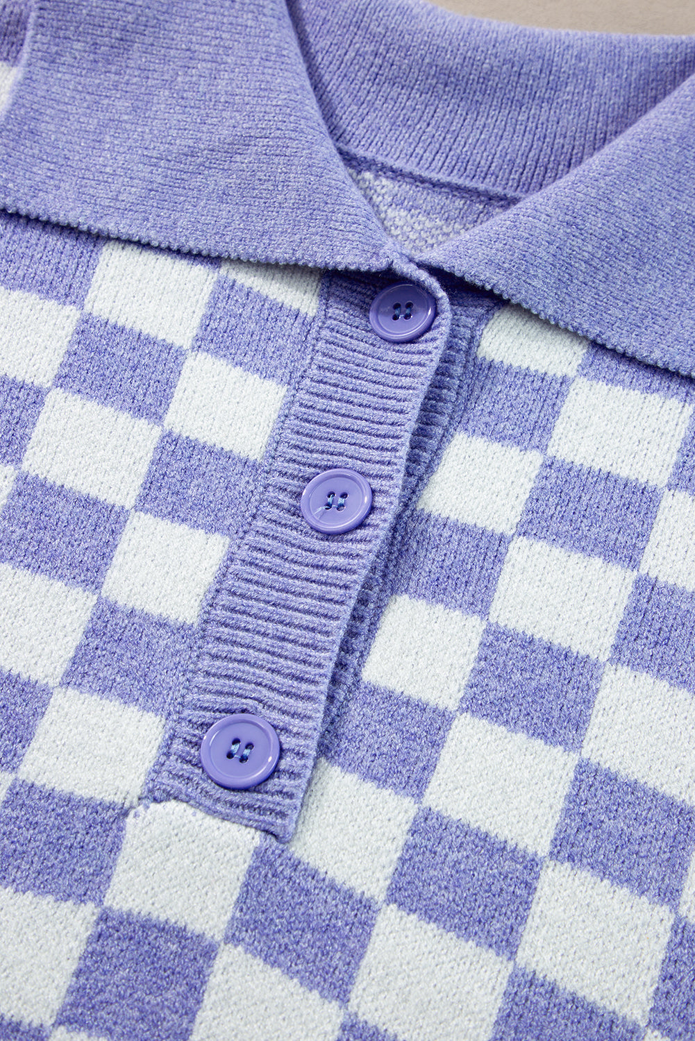 Checkered Collared Buttons Plus Size Sweater | Purple