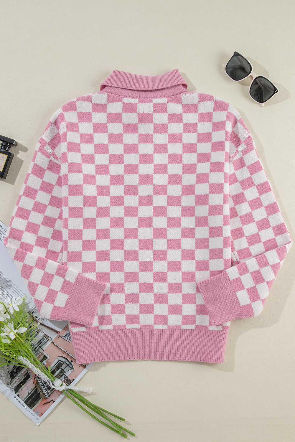 Checkered Buttons Collar V Neck Drop Shoulder Sweater | Pink