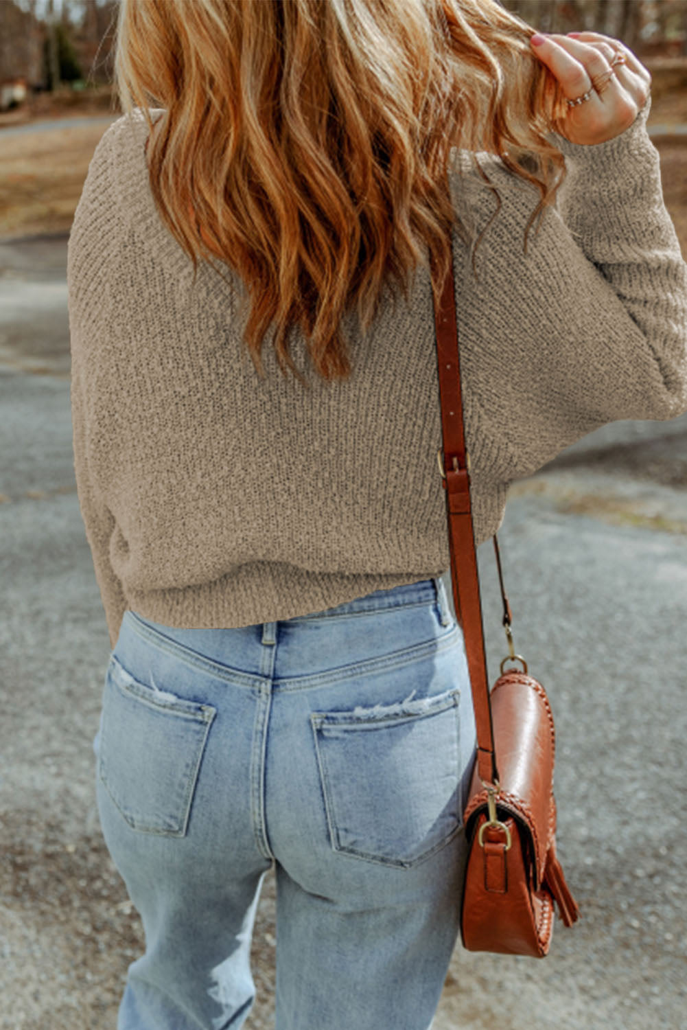 Cropped V Neck Fuzzy Sweater | Apricot