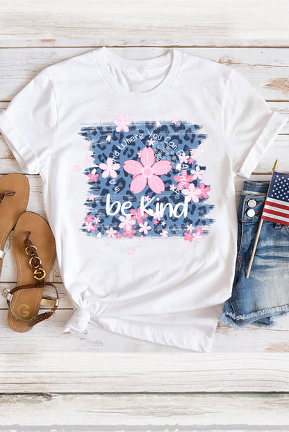 Be Kind Cherry Blossoms Leopard Graphic T Shirt | White