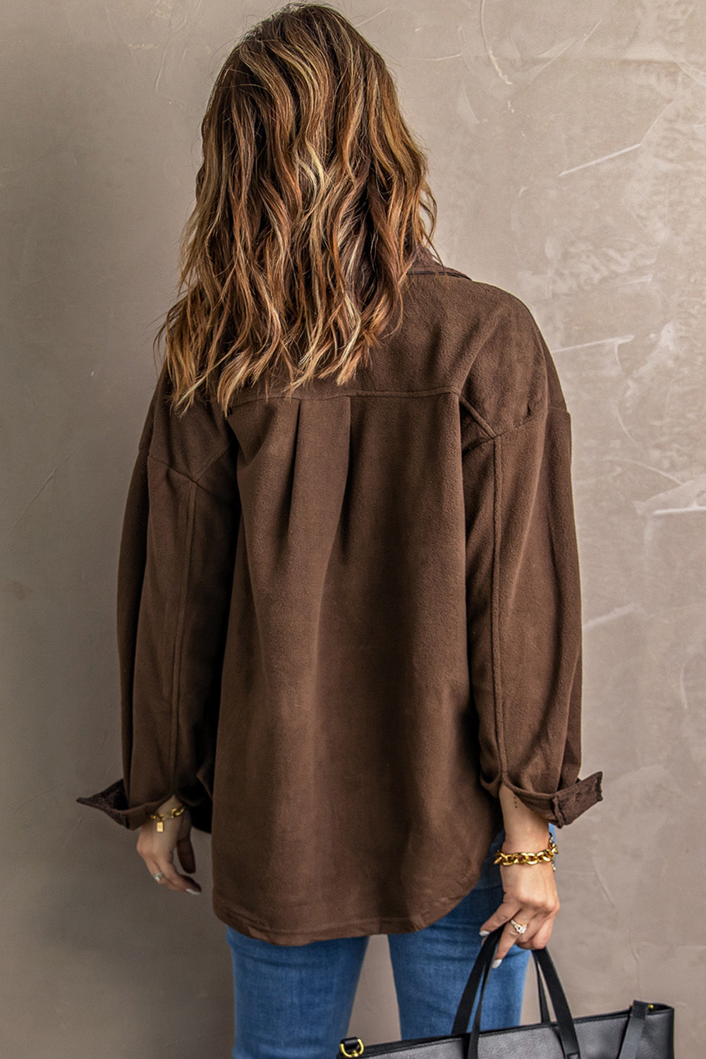 Turn Down Collar Buttoned Shirt Jacket | Brown