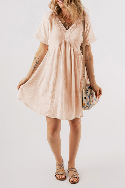 Folded Short Sleeve Lace V Neck Mini Dress | Beige