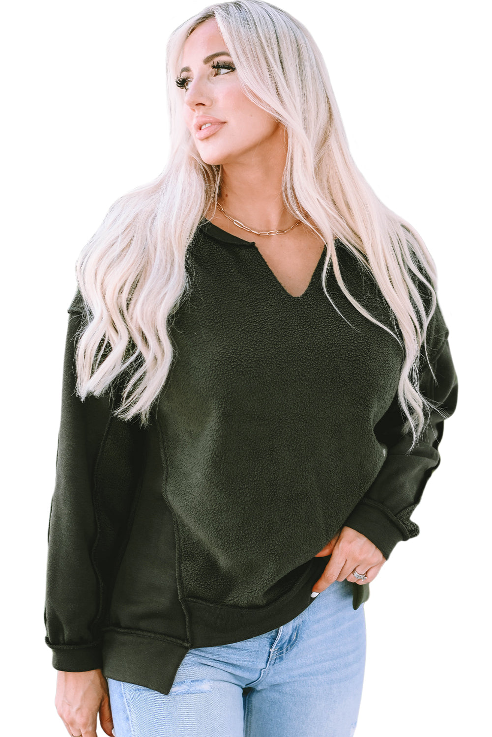 Expose Seam Detail Split Neck Long Sleeve Top | Green