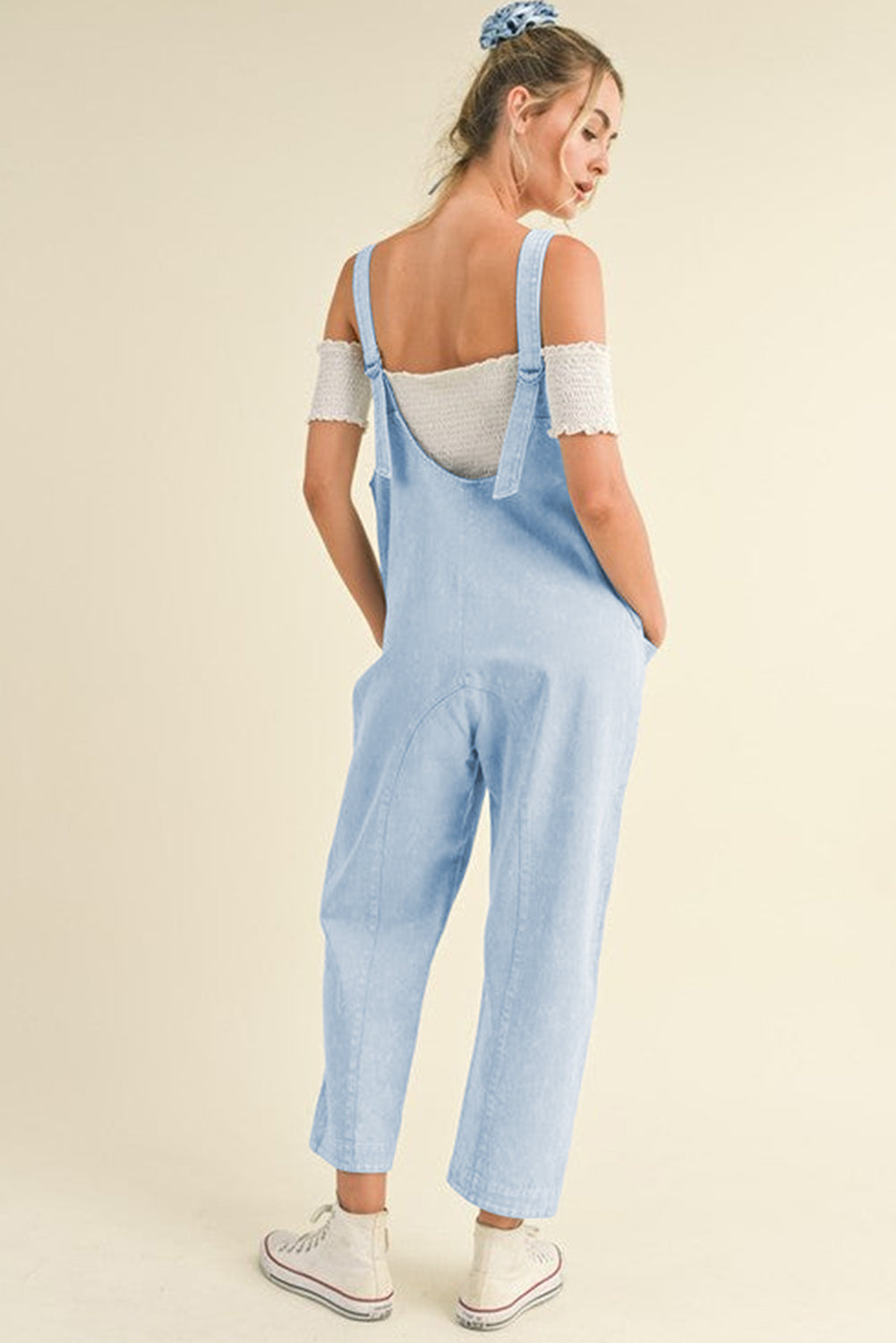 Adjustable Strap V Neck Pocketed Denim Overalls | Beau Blue