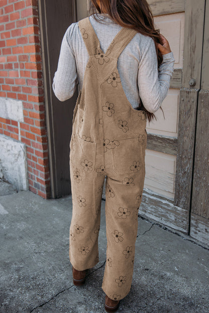 Flower Print Corduroy Overalls | Khaki