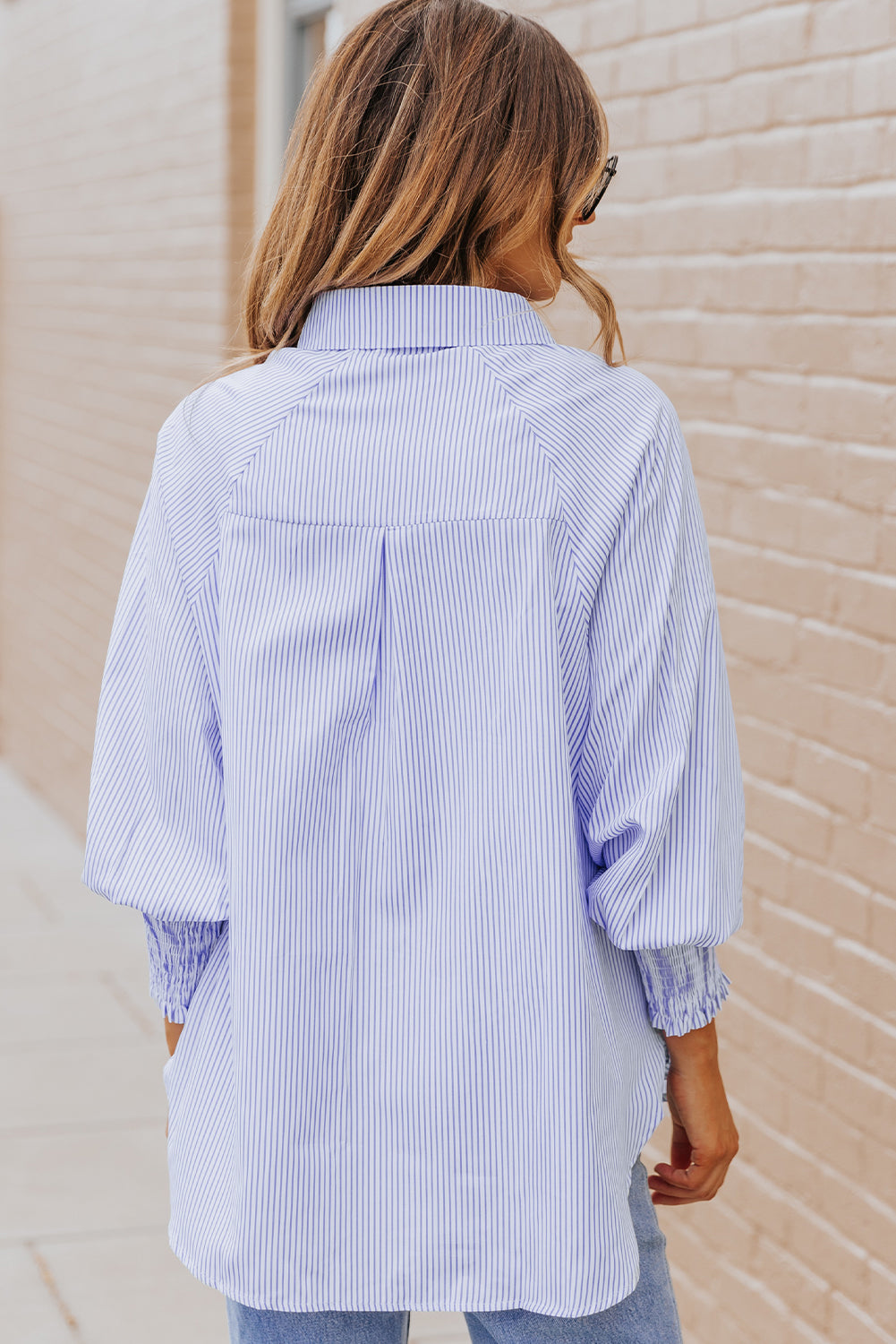 Smocked Cuffed Striped Boyfriend Shirt With Pocket | Sky Blue