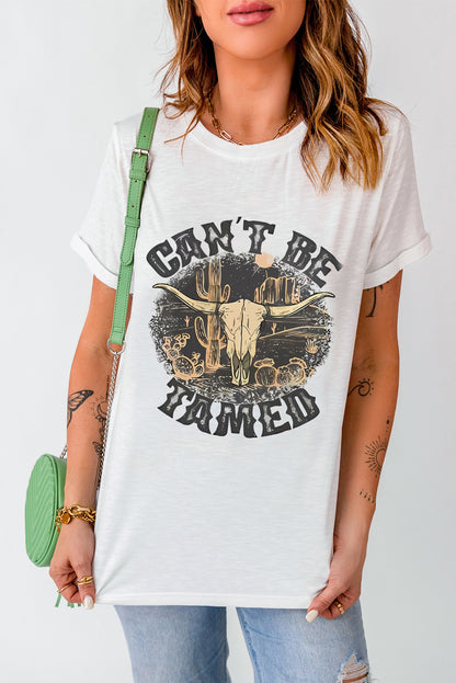 Cant Be Tamed Western Steer Head Crew Neck T Shirt | White