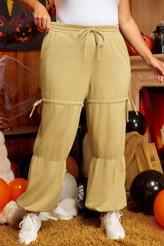 Beige Drawstring Adjusted Band High Waist Plus Size Pants