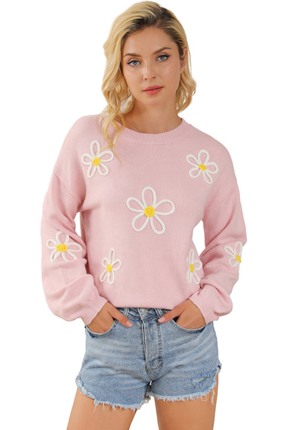 Chenille Daisy Stitching Crew Neck Sweater | Pink