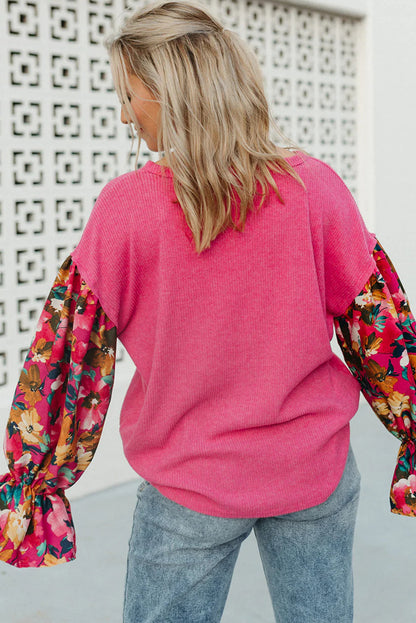 Floral Patchwork Flounce Sleeve Rib Knit Plus Top | Bright Pink