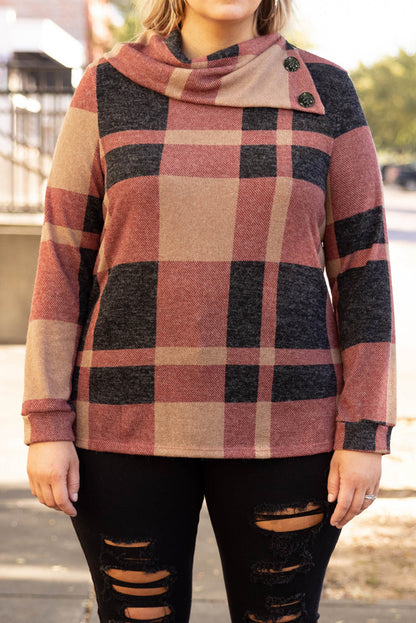 Plus Size Plaid Print Button Decor Asymmetric Neck Top | Mineral Red