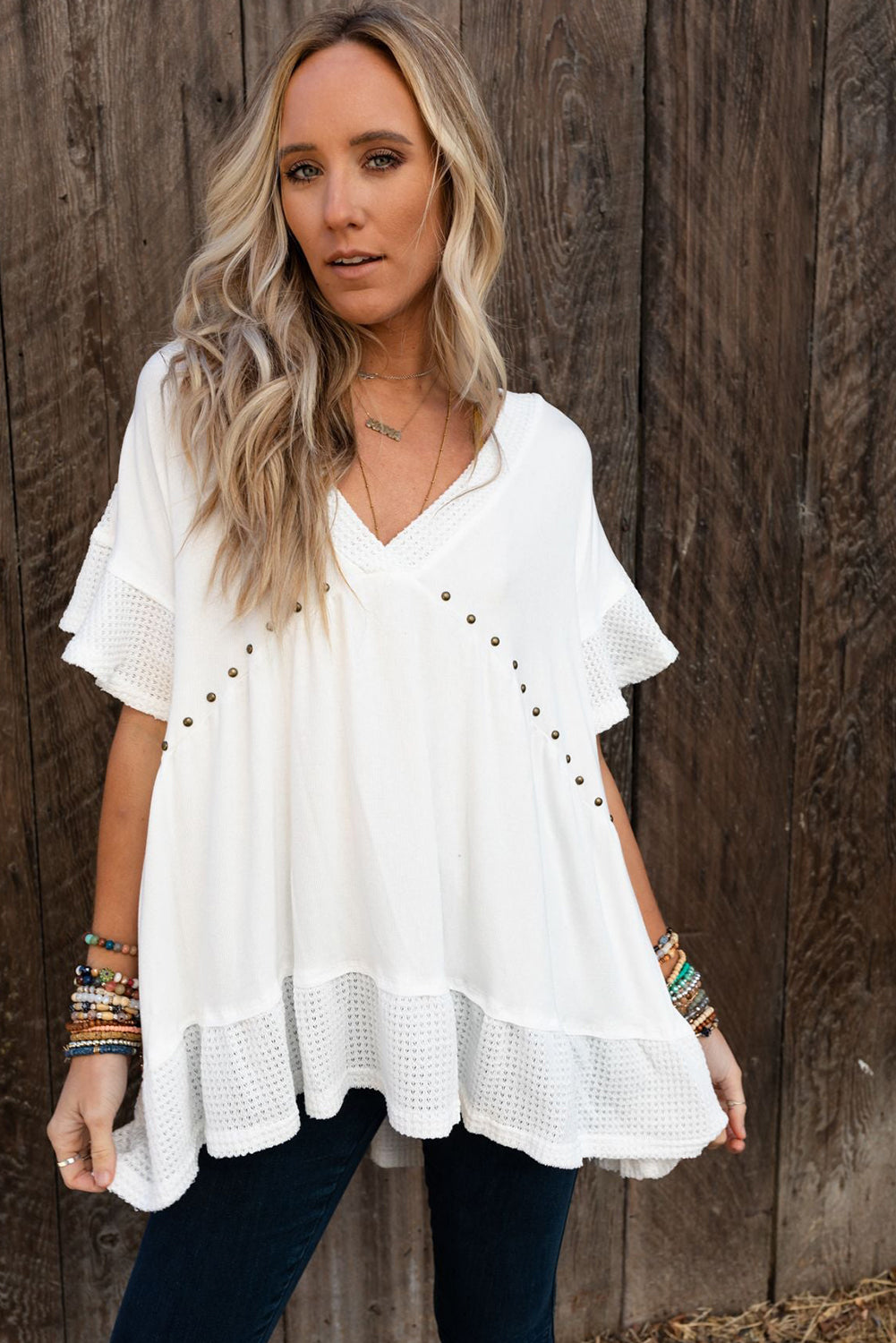 Contrast Knit Splicing V Neck Studded Blouse | White