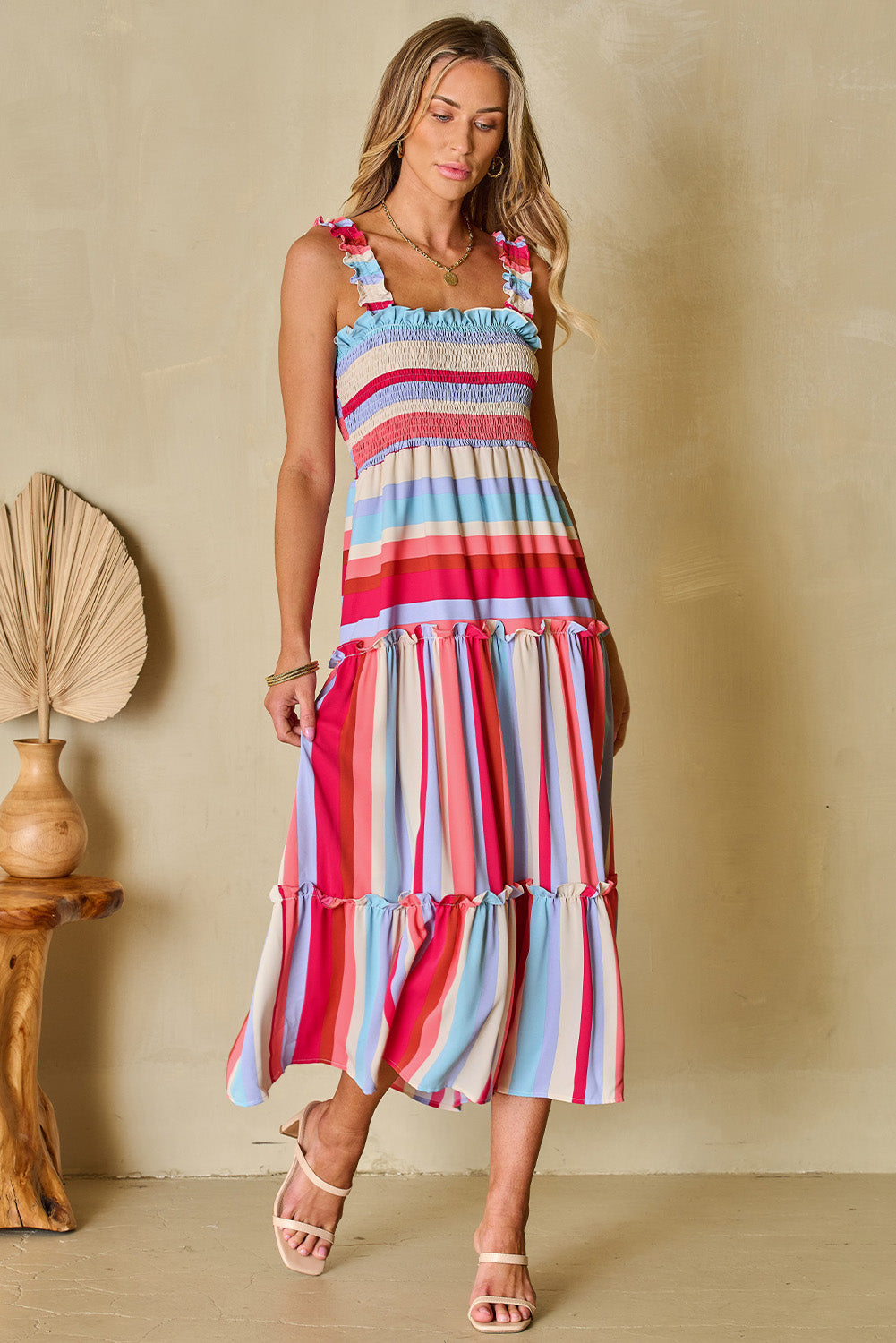 Ruffled Straps Smocked Tiered Long Dress | Red Stripe