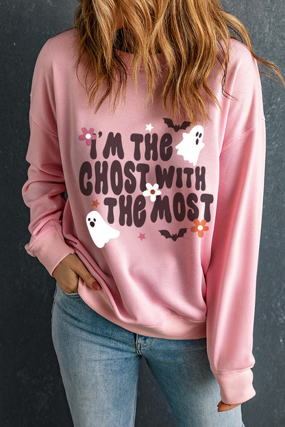 Halloween Slogan Ghost Bat Graphic Drop Shoulder Sweatshirt | Pink