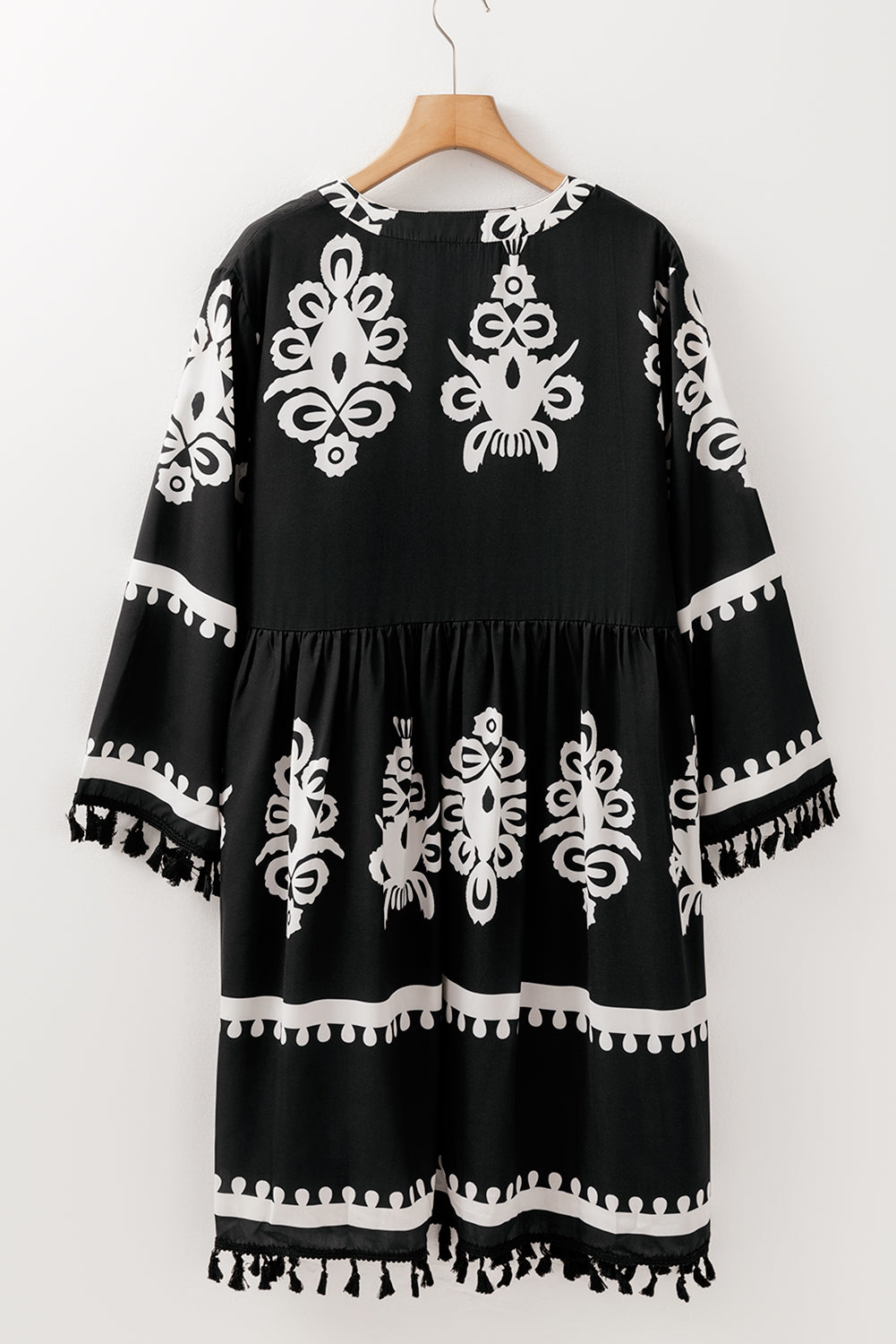 Plus Size Western Floral Print Fringed V Neck Dress | Black