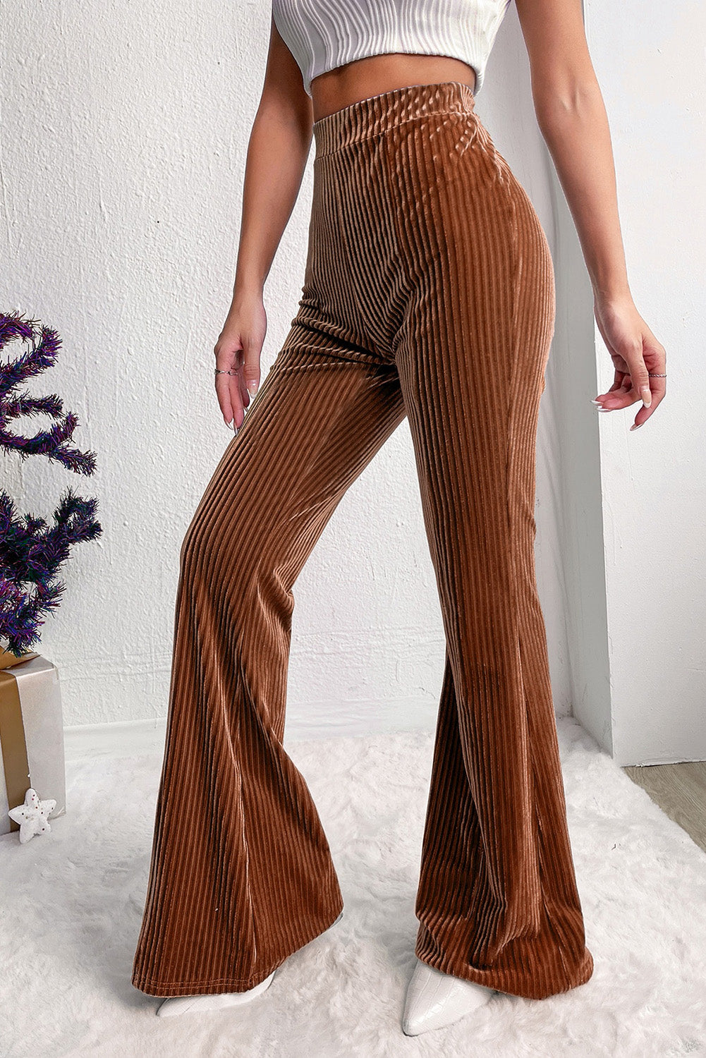 Solid Colour High Waist Flare Corduroy Pants | Chestnut