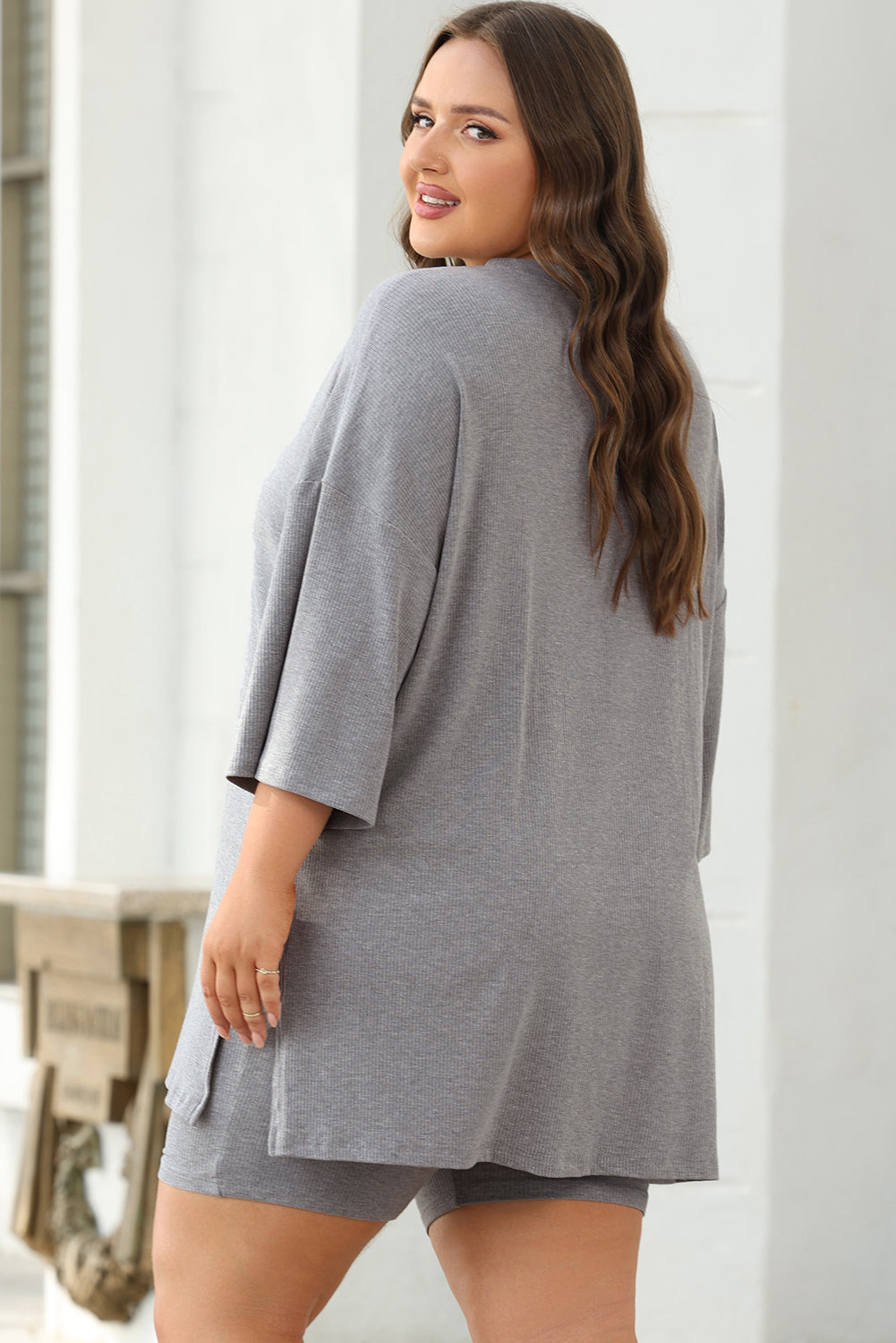 Solid Colour Loose Tunic Top And Slim Shorts Set | Light Grey