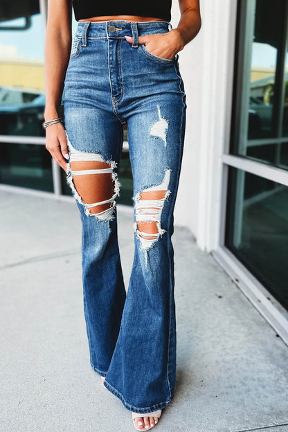 High Waist Distressed Cutout Flare Leg Jeans | Blue