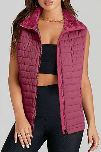 Plush Collared Quilted Zipped Puffer Vest | Burgundy