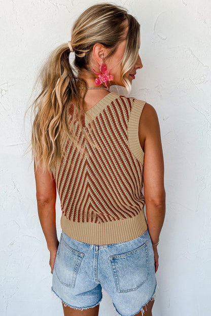 Contrast Chevron Knit V Neck Sweater Vest | Light French Beige