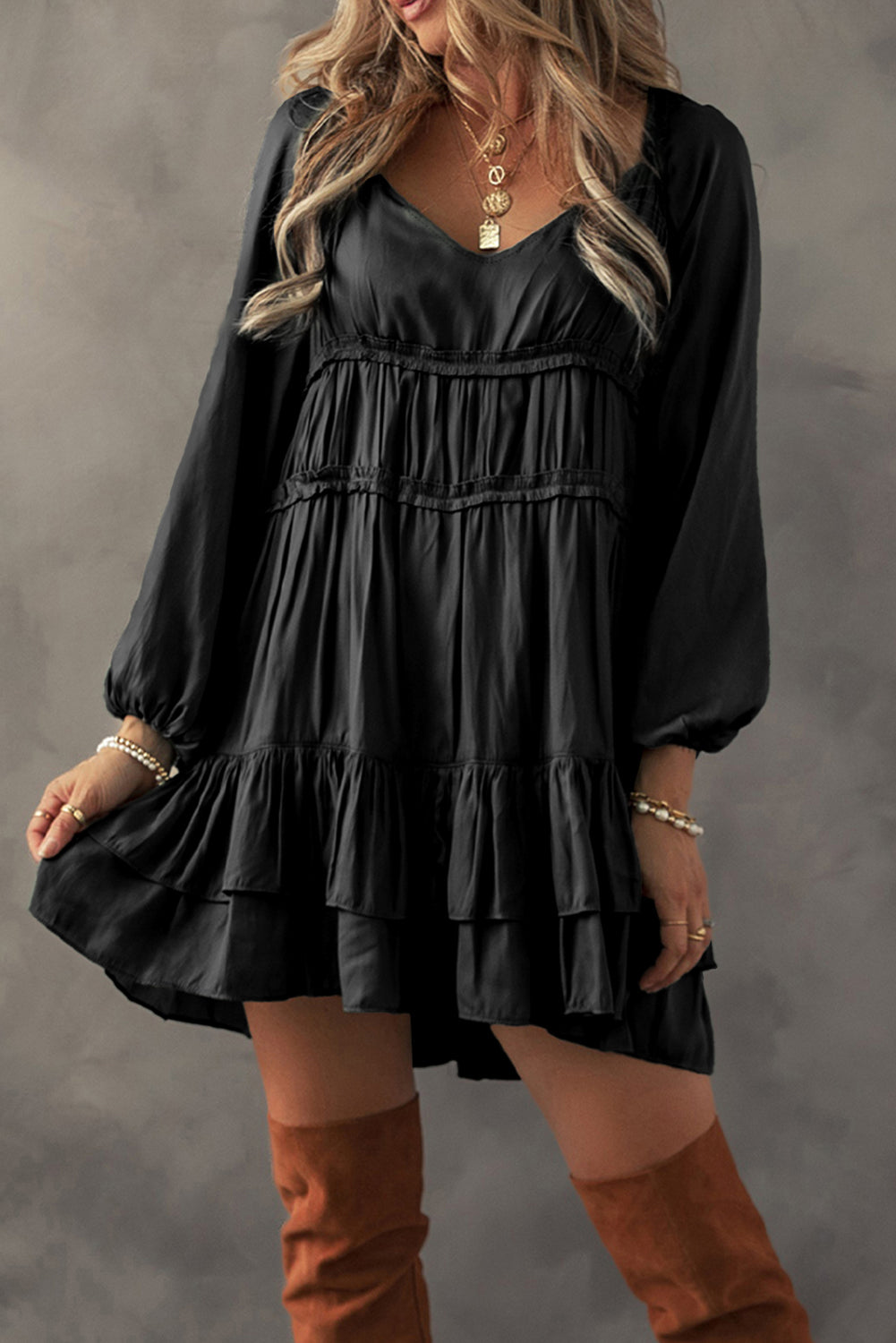 Tiered Ruffled Puff Sleeve Loose Fit Mini Dress | Black