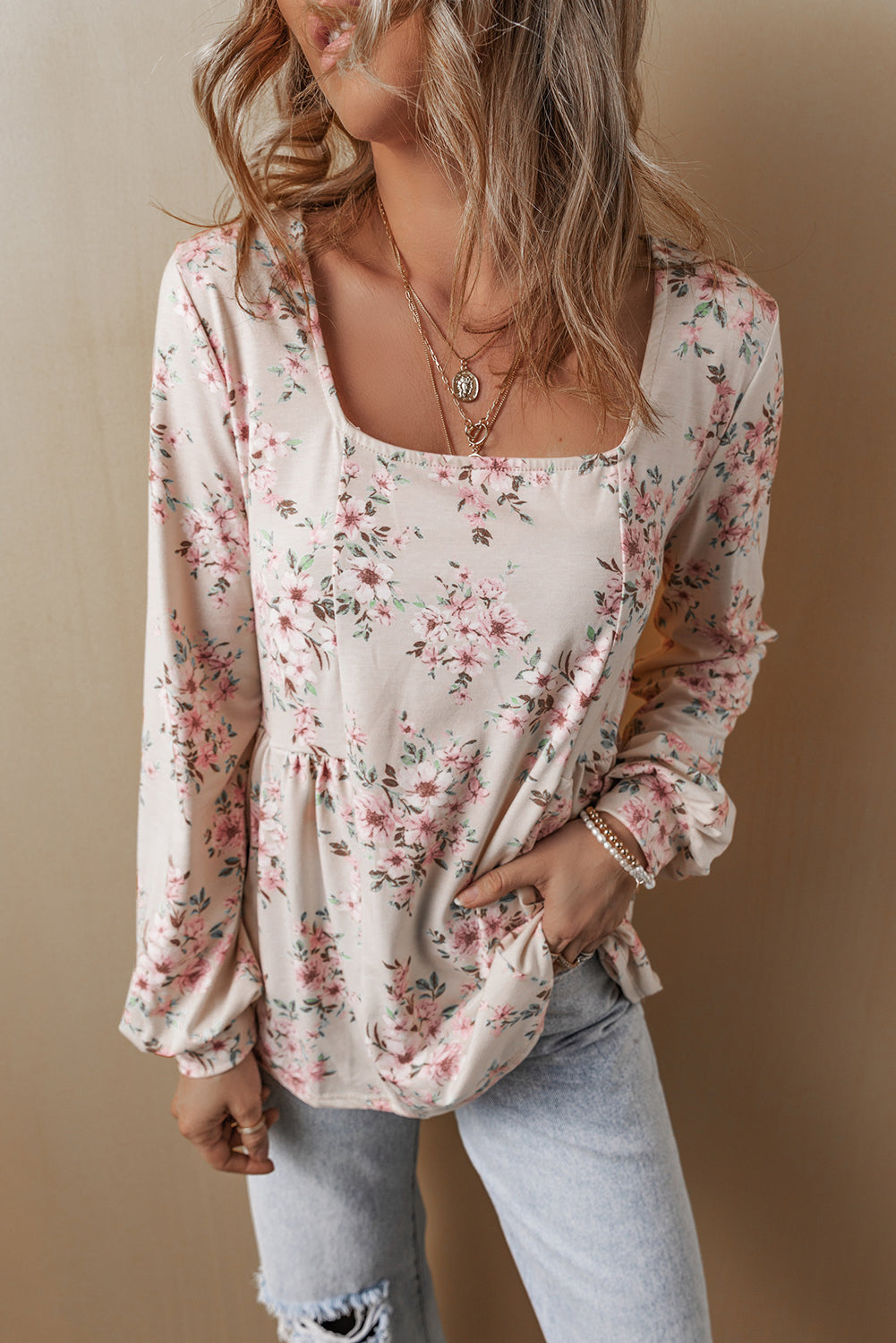 Floral Print Pleated U Neck Loose Fit Blouse | Pink