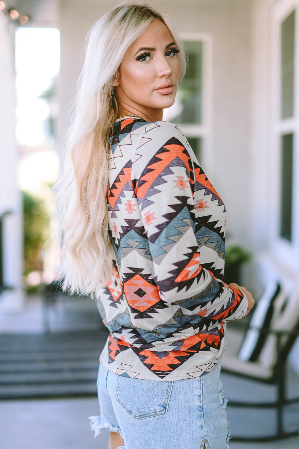 Aztec Print V Neck Long Sleeve Top | Multicolour