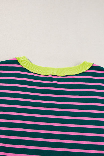 Oversized Contrast Trim Exposed Seam High Low T Shirt | Green Stripe