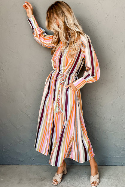 Multicolour Striped Cuffed Sleeve Tassel Tied Shirt Maxi Dress | White