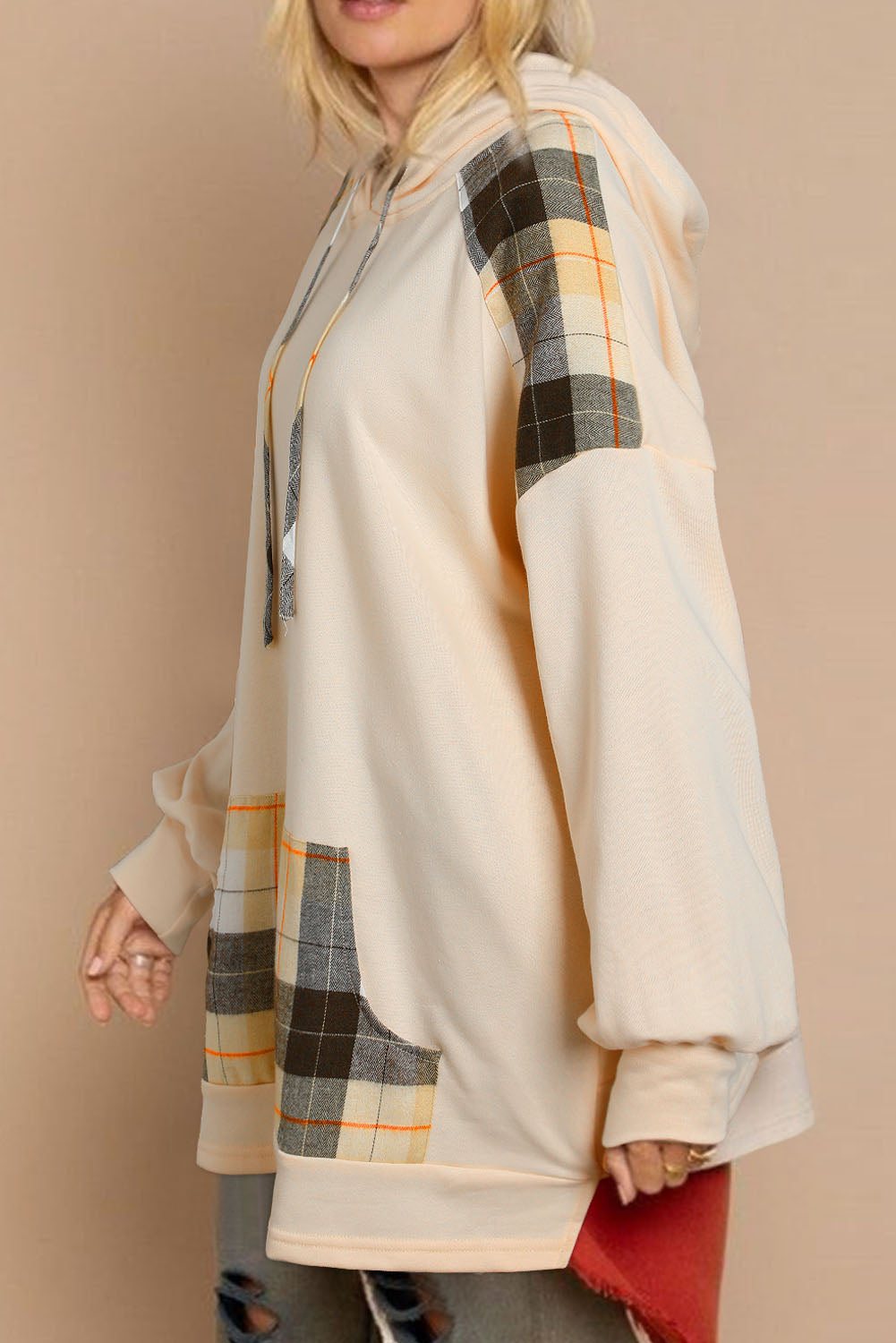 Plaid Patchwork Kangaroo Pocket Oversized Hoodie | Khaki