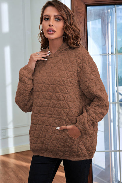 Solid Colour Quilted Kangaroo Pocket Hoodie | Coffee