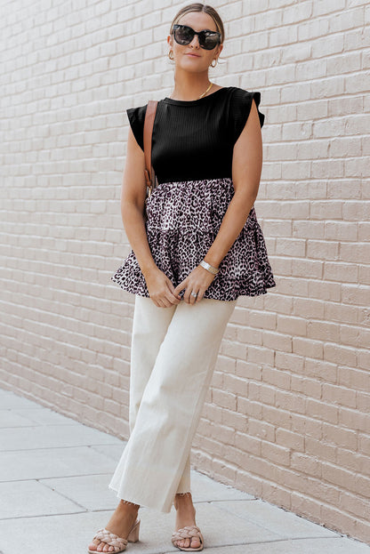 Ruffle Sleeve Bodice Leopard Splice Blouse | Black