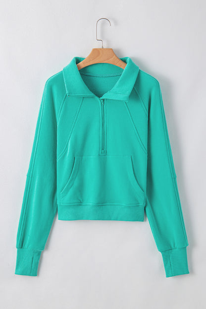 Fleece Lined Zip Up Stand Collar Thumbhole Sleeve Sweatshirt | Sea Green