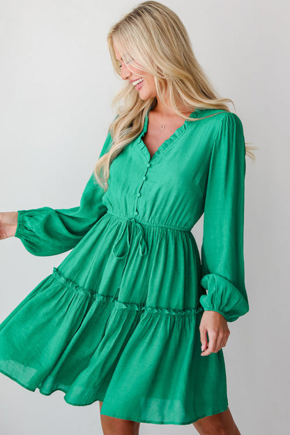 Frilly V Neck Puff Sleeve Drawstring Shift Mini Dress | Sea Green