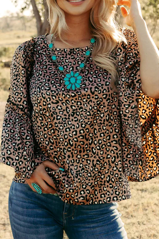 Chestnut Leopard Print Ruffle Wide Sleeve Blouse