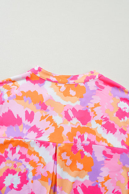 Plus Size Abstract Floral Print V Neck Blouse | Pink