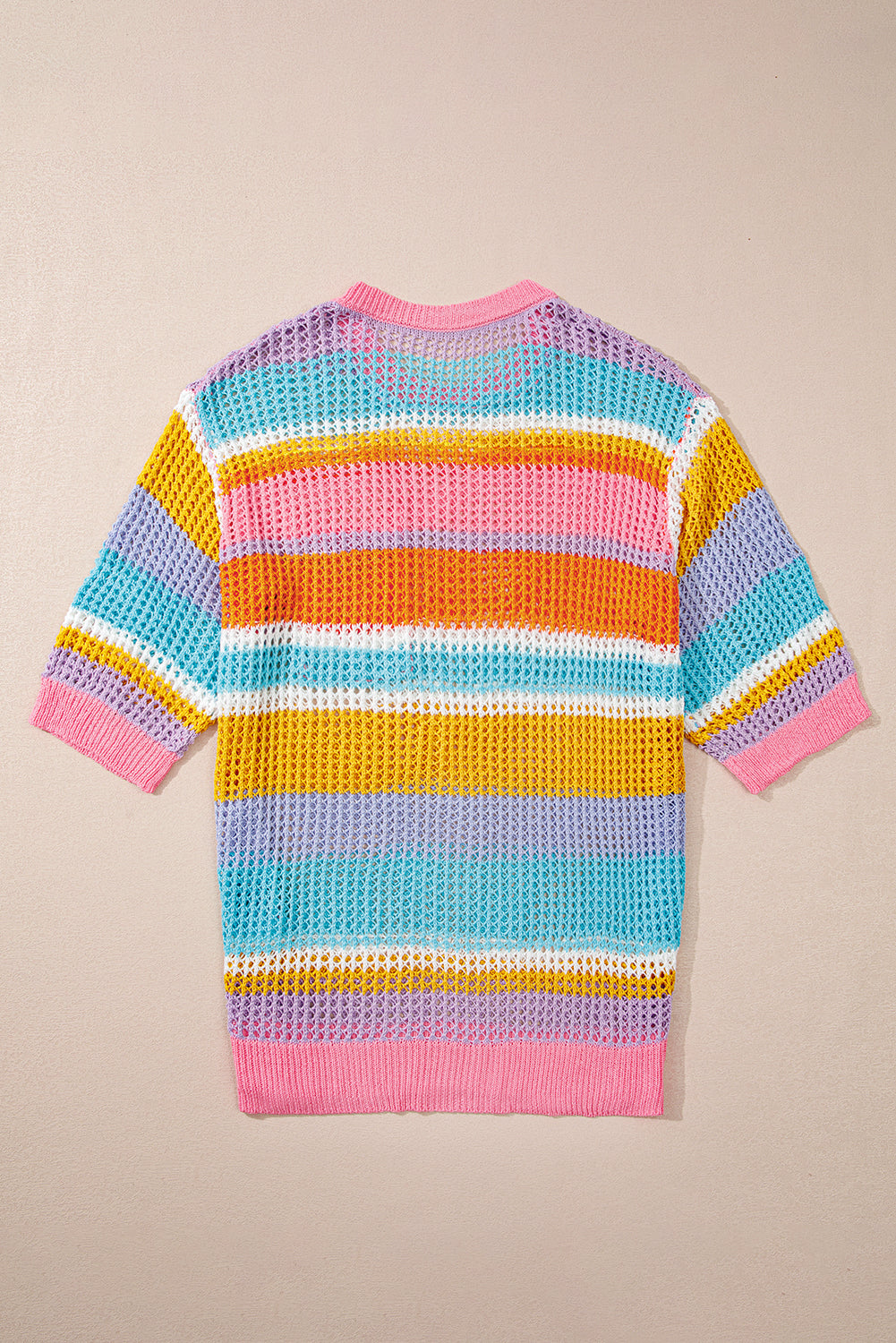 Plus Size Open Knit Patch Pocket Short Sleeve Sweater | Pink Stripe