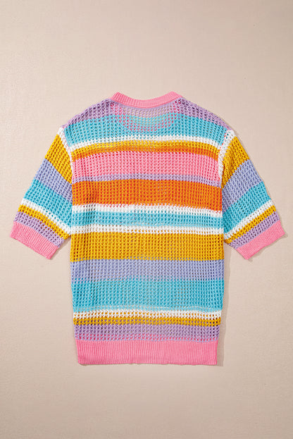 Plus Size Open Knit Patch Pocket Short Sleeve Sweater | Pink Stripe