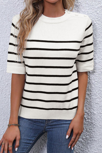 Striped Half Sleeve Knitted Tee | White Stripe