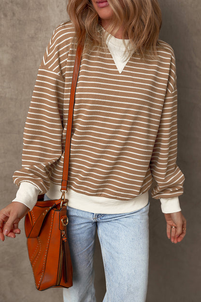 Patched Edge Textured Round Neck Long Sleeve Top | Khaki Stripe