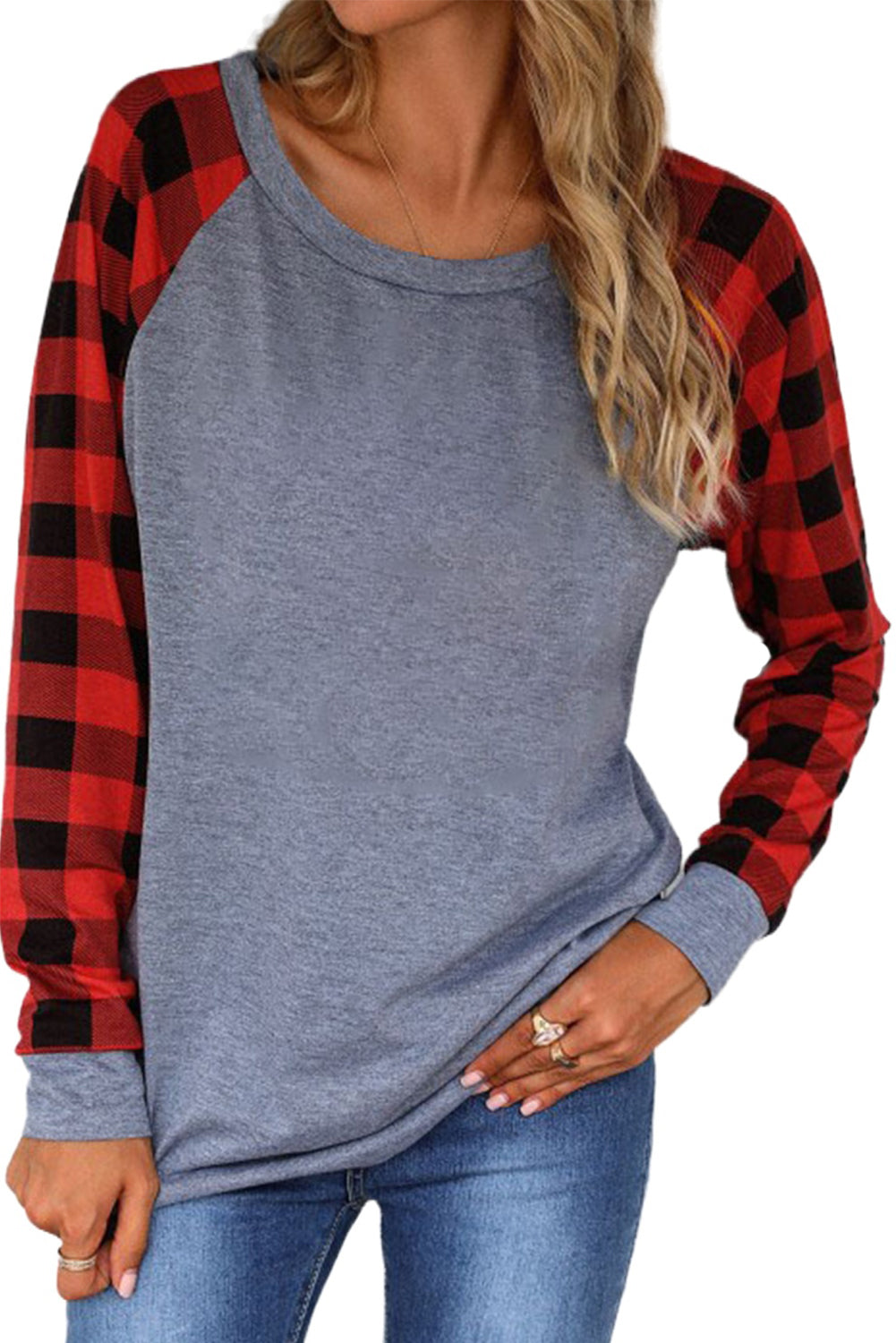 Fiery  Plaid Raglan Long Sleeve Top | Red