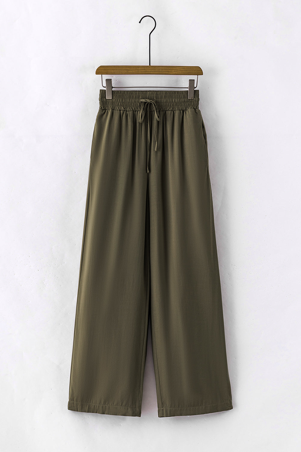 Brown Drawstring Elastic Waist Casual Wide Leg Pants | Green