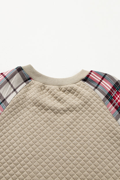 Plus Size Plaid Raglan Sleeve Crew Neck Sweatshirt | Apricot